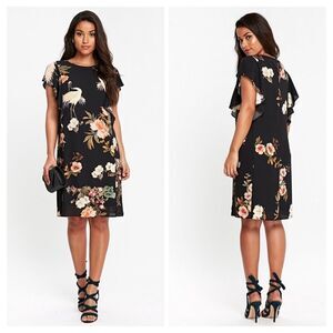 Wallis Floral Bird Print Frill Black Dress Size 10